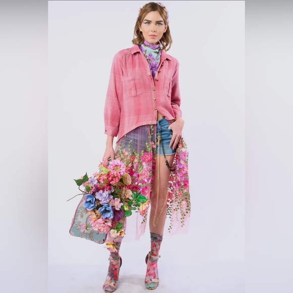 Aratta Pink Floral Embroidered Love Shirt Dress Crystal Button Boho Statement - Picture 9 of 14